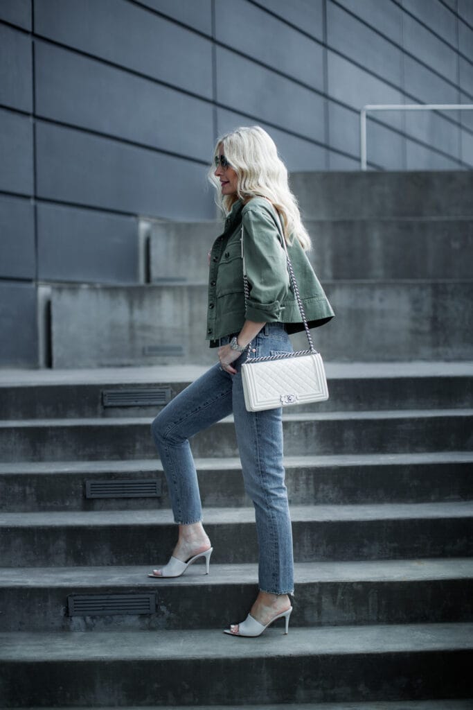 Dallas blogger wearing army jacket and Citizens of Humanity straight leg jeans