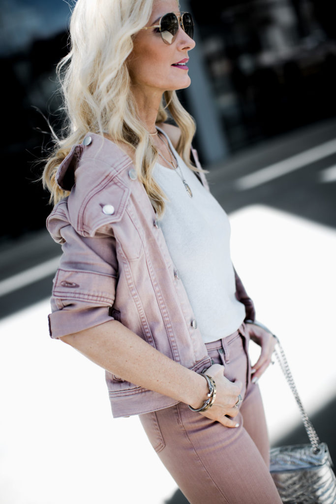 Dallas blogger wearing AG jean jacket 