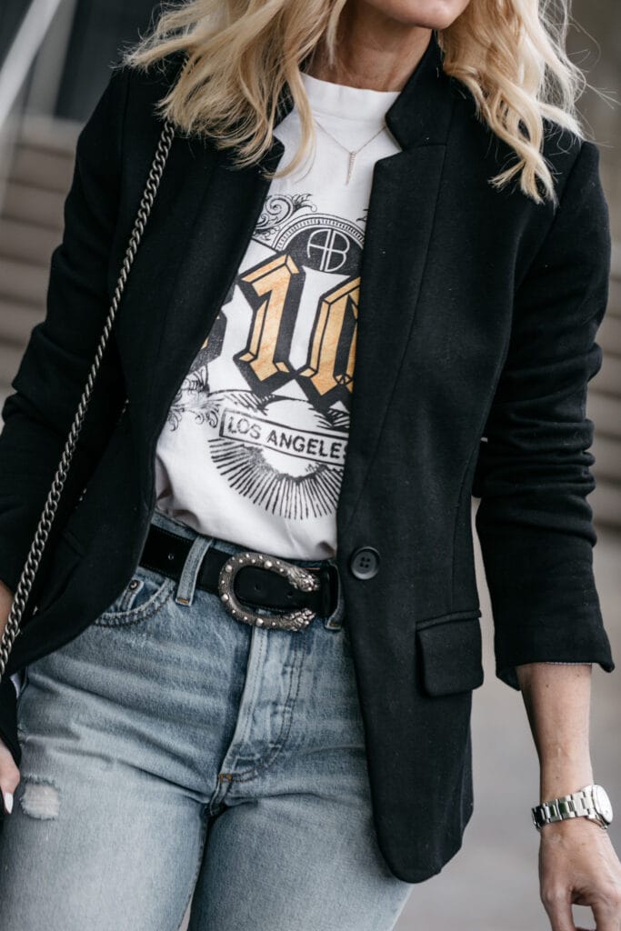 Black blazer, Anine Bing graphic tee, and Gucci belt