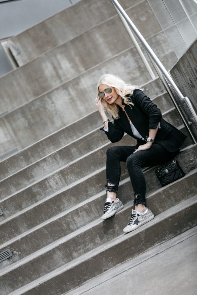 How to wear a blazer, jeans, and Golden Goose sneakers