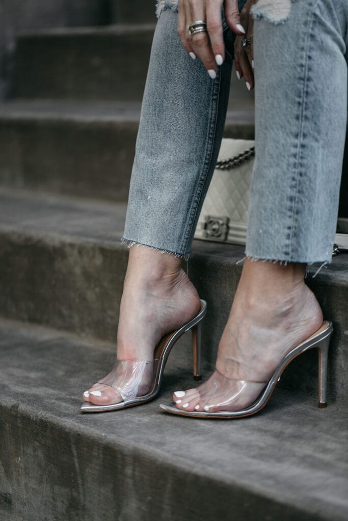 Schutz heels, Boyish jeans, and white Chanel Boy Bag