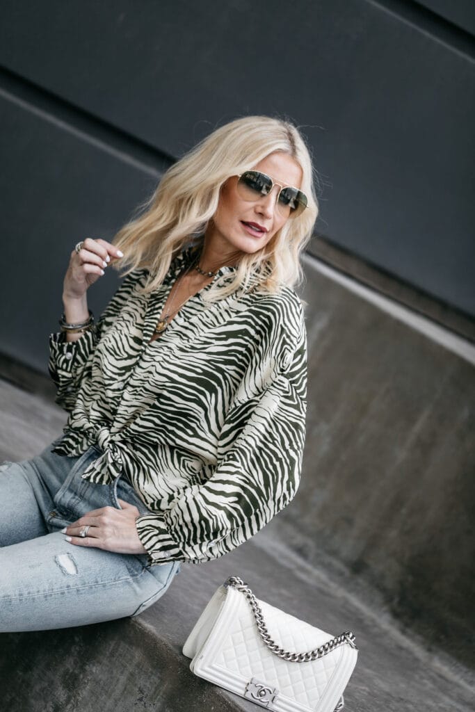 Chanel Boy Bag and zebra print top on Dallas blogger 