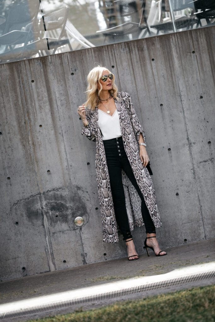 Snake print duster and J Brand jeans