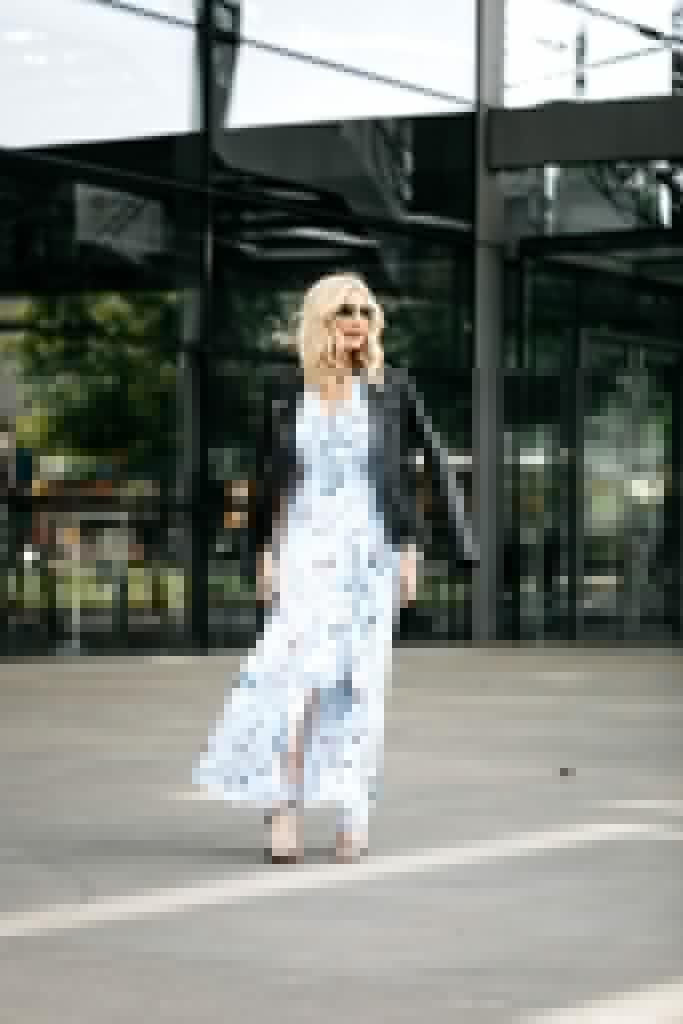 How to wear a floral maxi dress and leather jacket