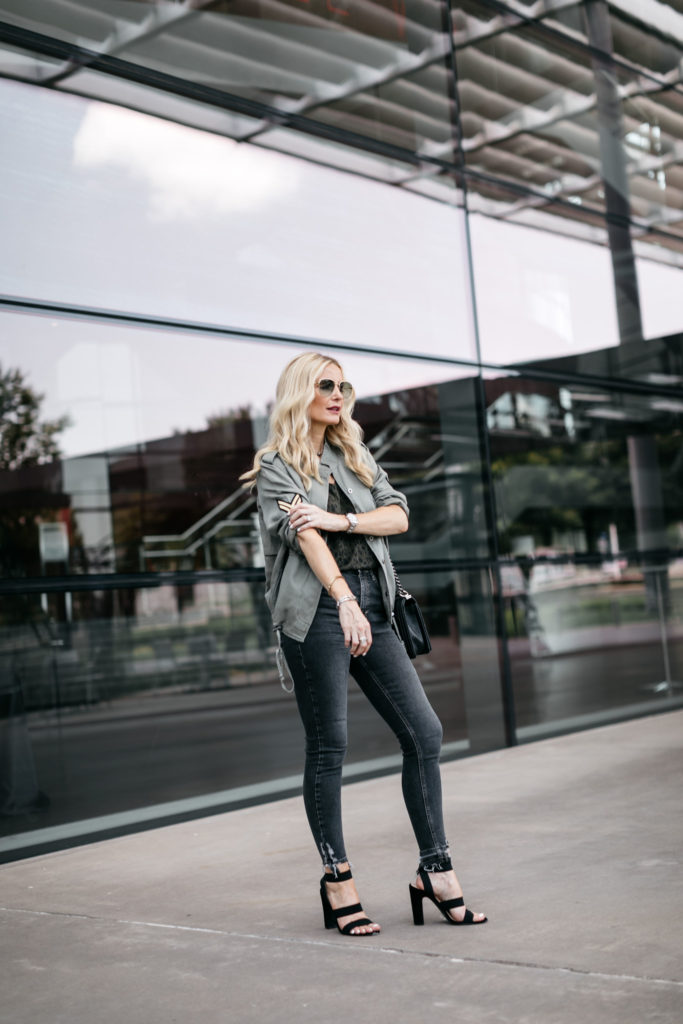 Dallas blogger wearing a Rails army jacket and black heels