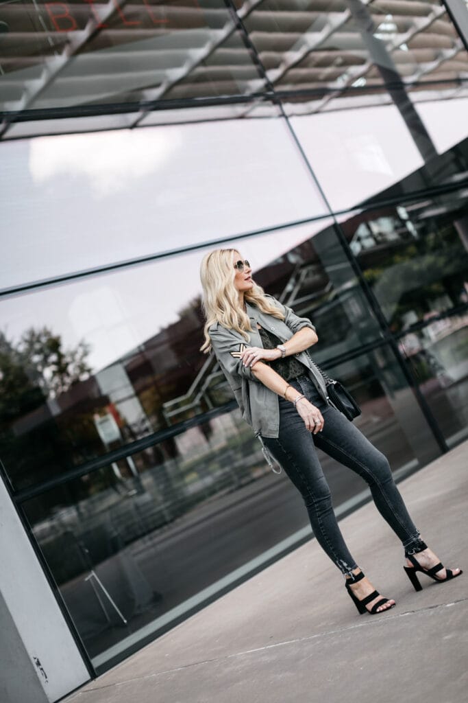 Rails army jacket, Topshop jeans, and Steve Madden heels