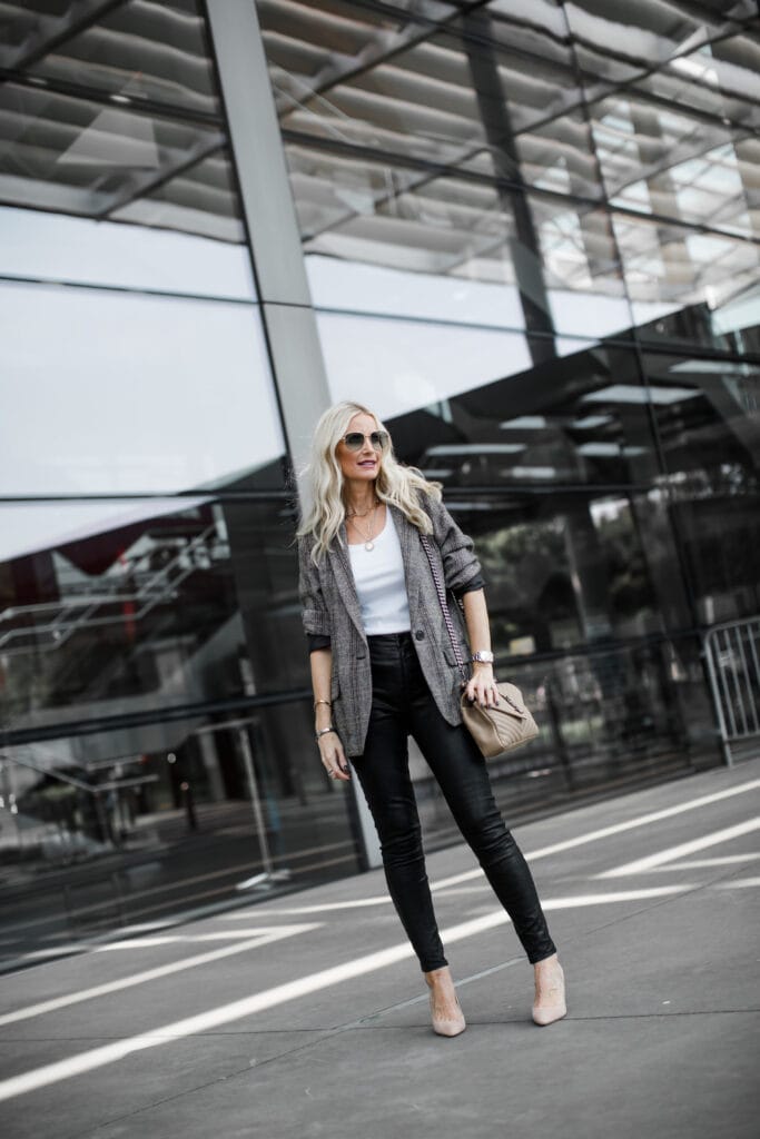 Dallas blogger wearing leather pants and an Isabel Marant Blazer