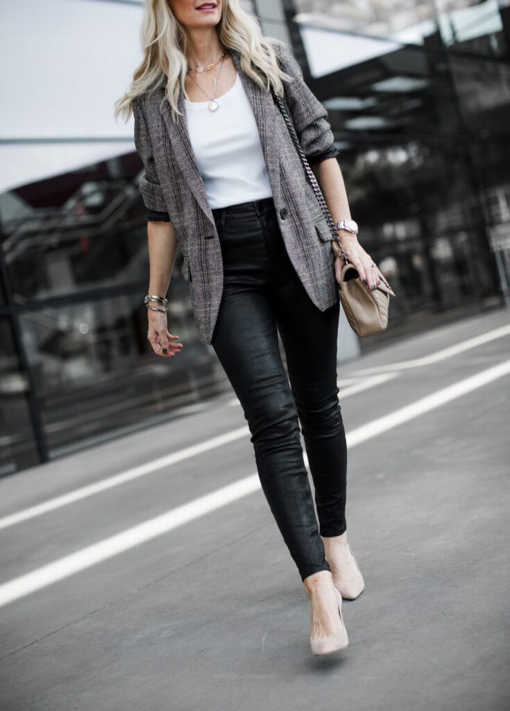 Dallas fashion blogger wearing J Brand leather pants and Jimmy Choo pumps