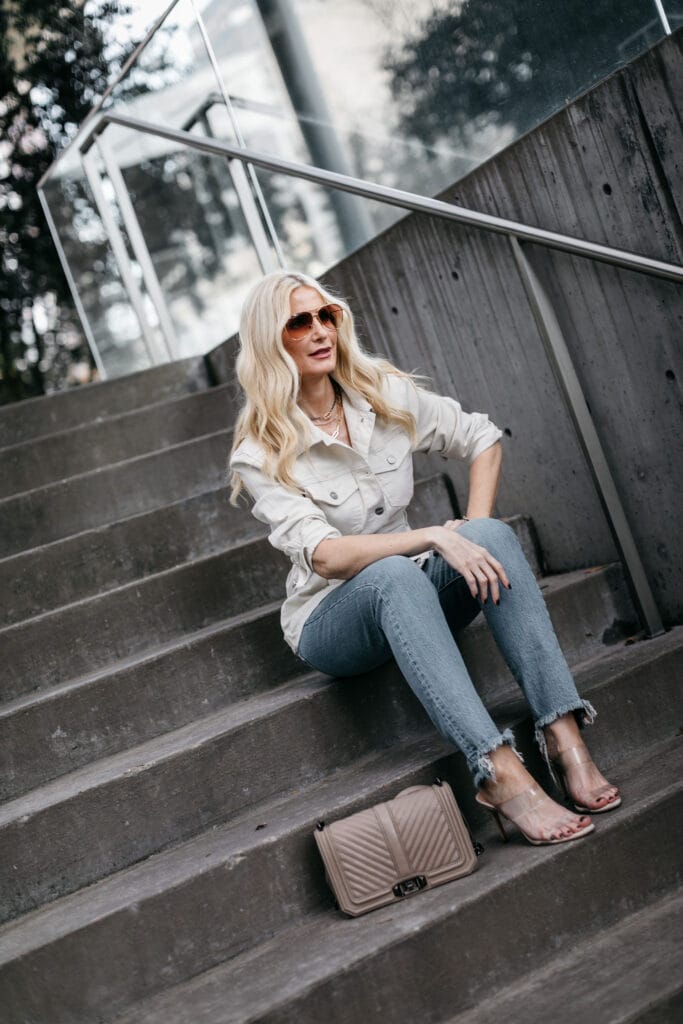Dallas blogger wearing a jean jacket