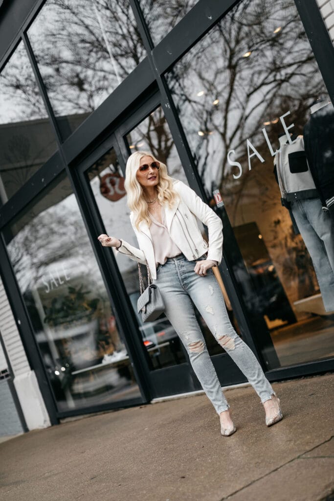 Dallas blogger wearing Mother jeans and an Iro leather jacket