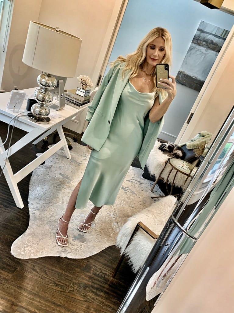 Dallas blogger wearing a mint green slip dress and mint green blazer