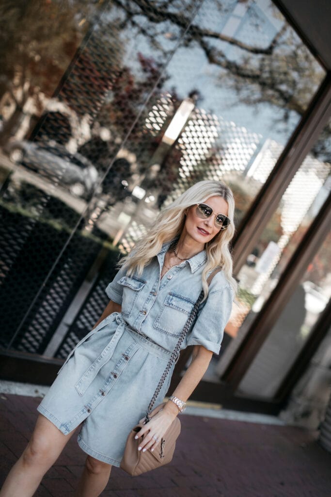 Style blogger wearing a spring dress with sunglasses