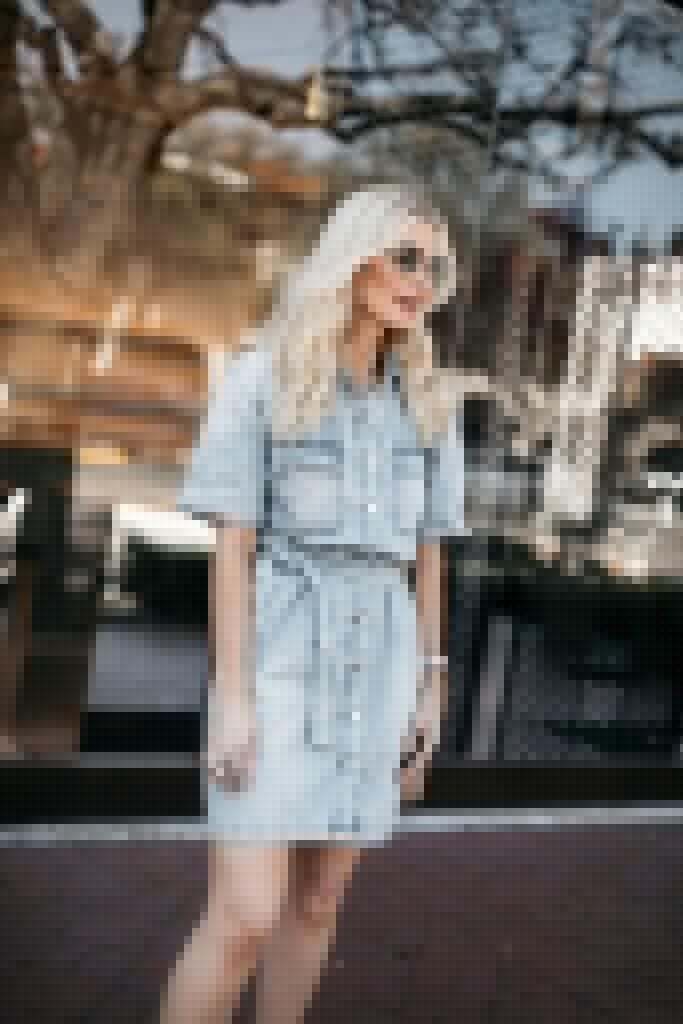 Fashion blogger wearing a denim dress and sunglasses