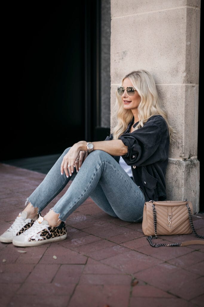 Dallas style blogger wearing denim and aviator sunglasses