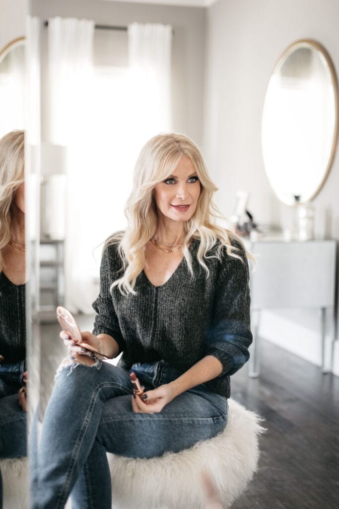 Dallas fashion blogger wearing a fall sweater and berry lip shade from Nordstrom