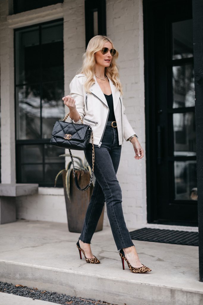 Dallas blogger wearing a faux leather Moto jacket