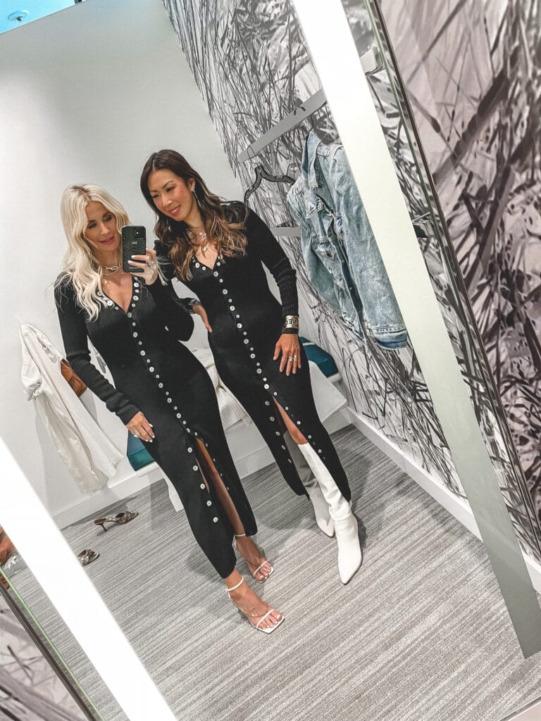 So Heather Blog and Style Of Sam fashion bloggers wearing a black maxi dress with white shoes for a date night or GNO