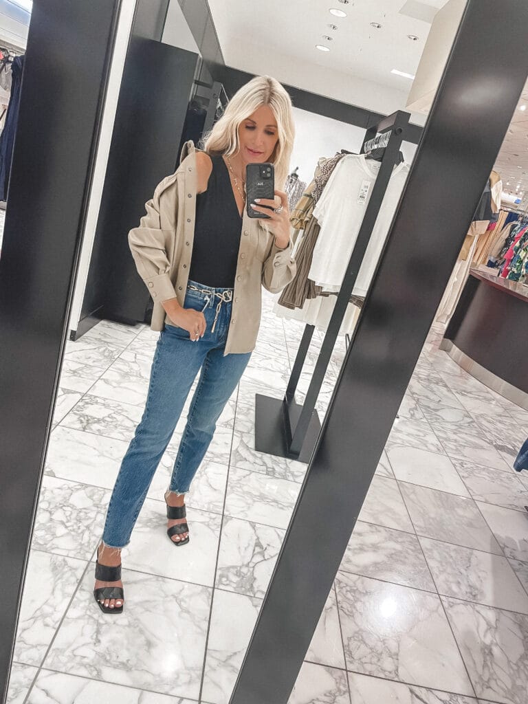 Dallas blogger wearing a faux leather shirt jacket for the nSALE