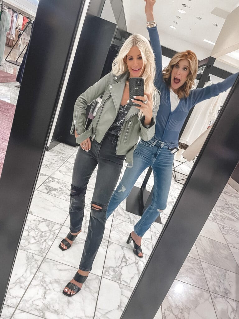 Dallas fashion blogger wearing faded black denim and a leather jacket from NSALE