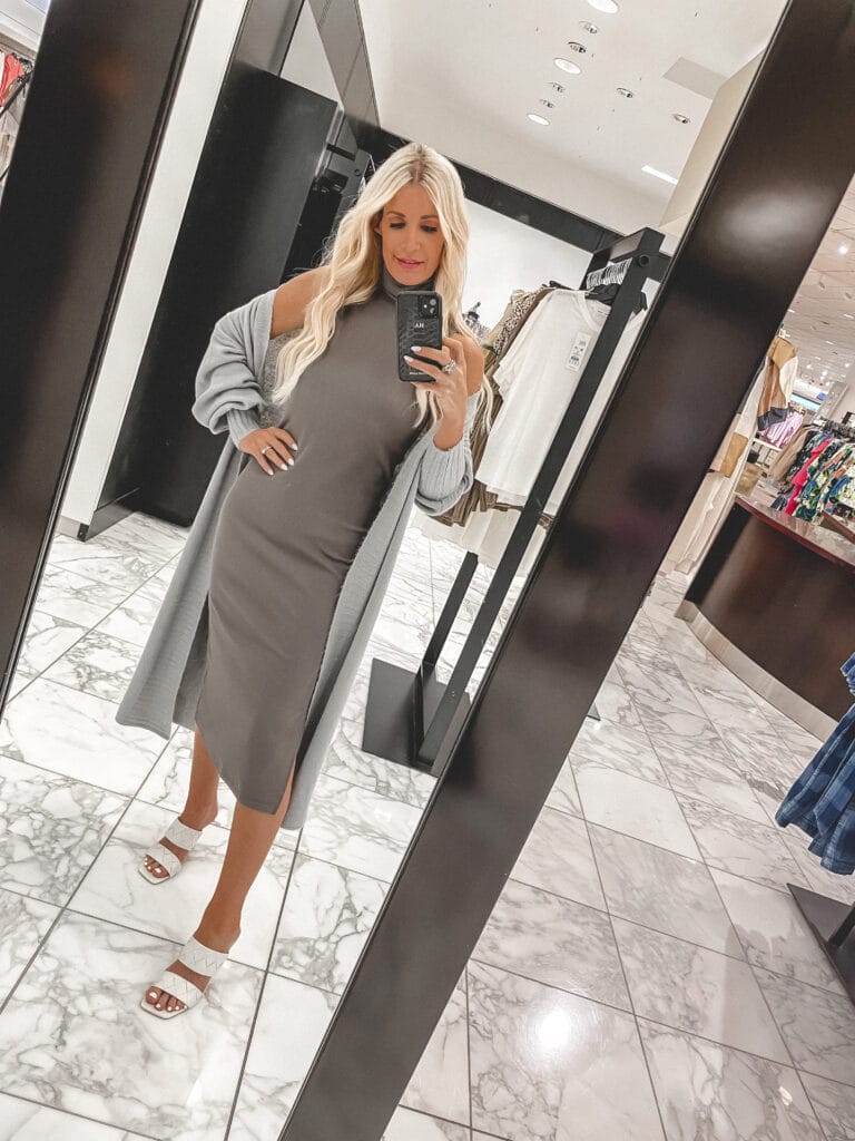 So Heather blog wearing a long grey cardigan and white mules