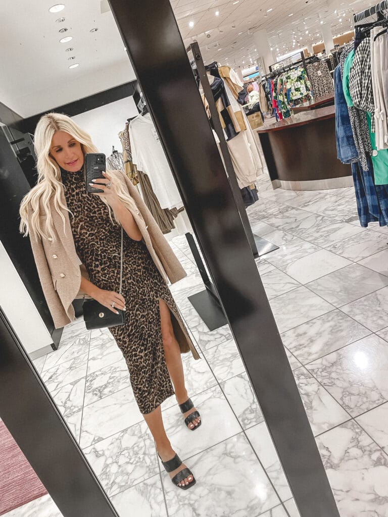 Dallas blogger wearing a leopard print dress and a tweed jacket