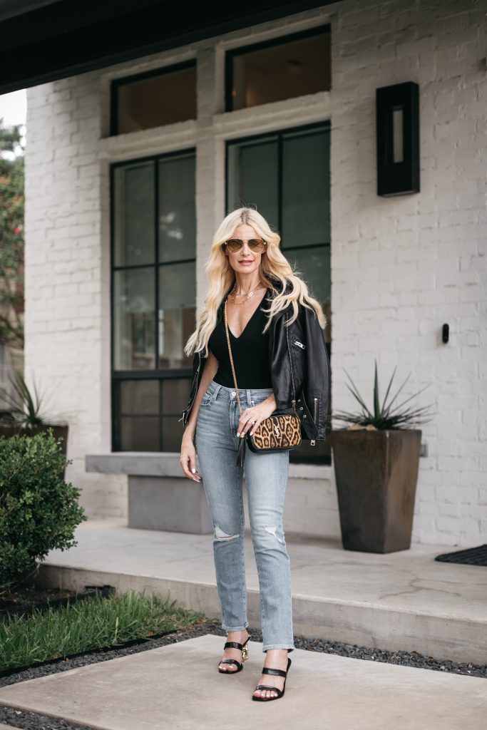 Dallas fashion blogger wearing a black leather jacket and Paige denim for fall