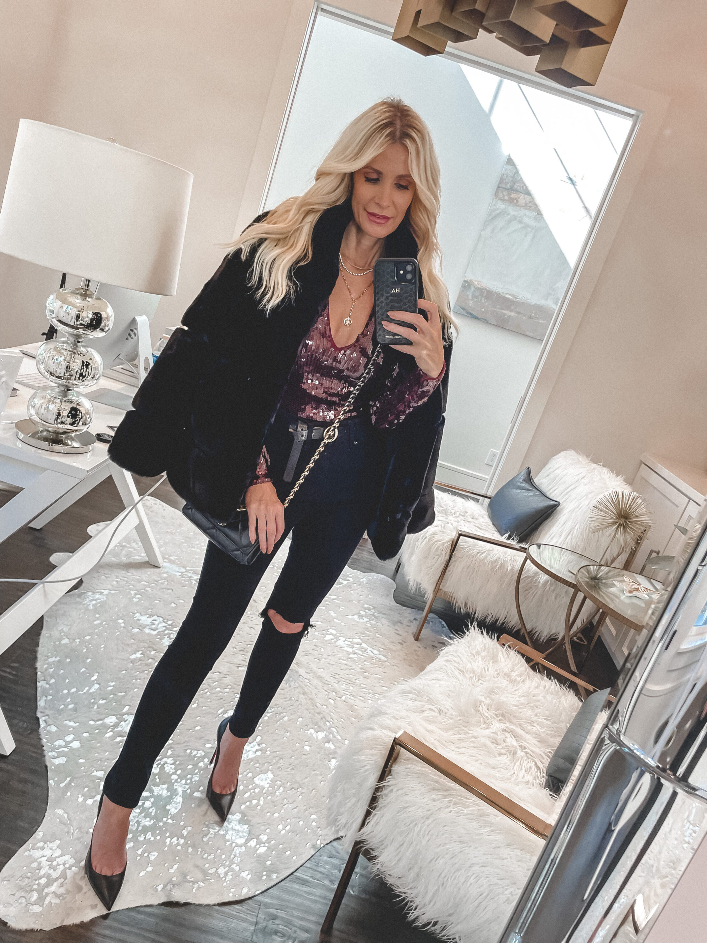Dallas style blogger wearing a sequin bodysuit for the holidays