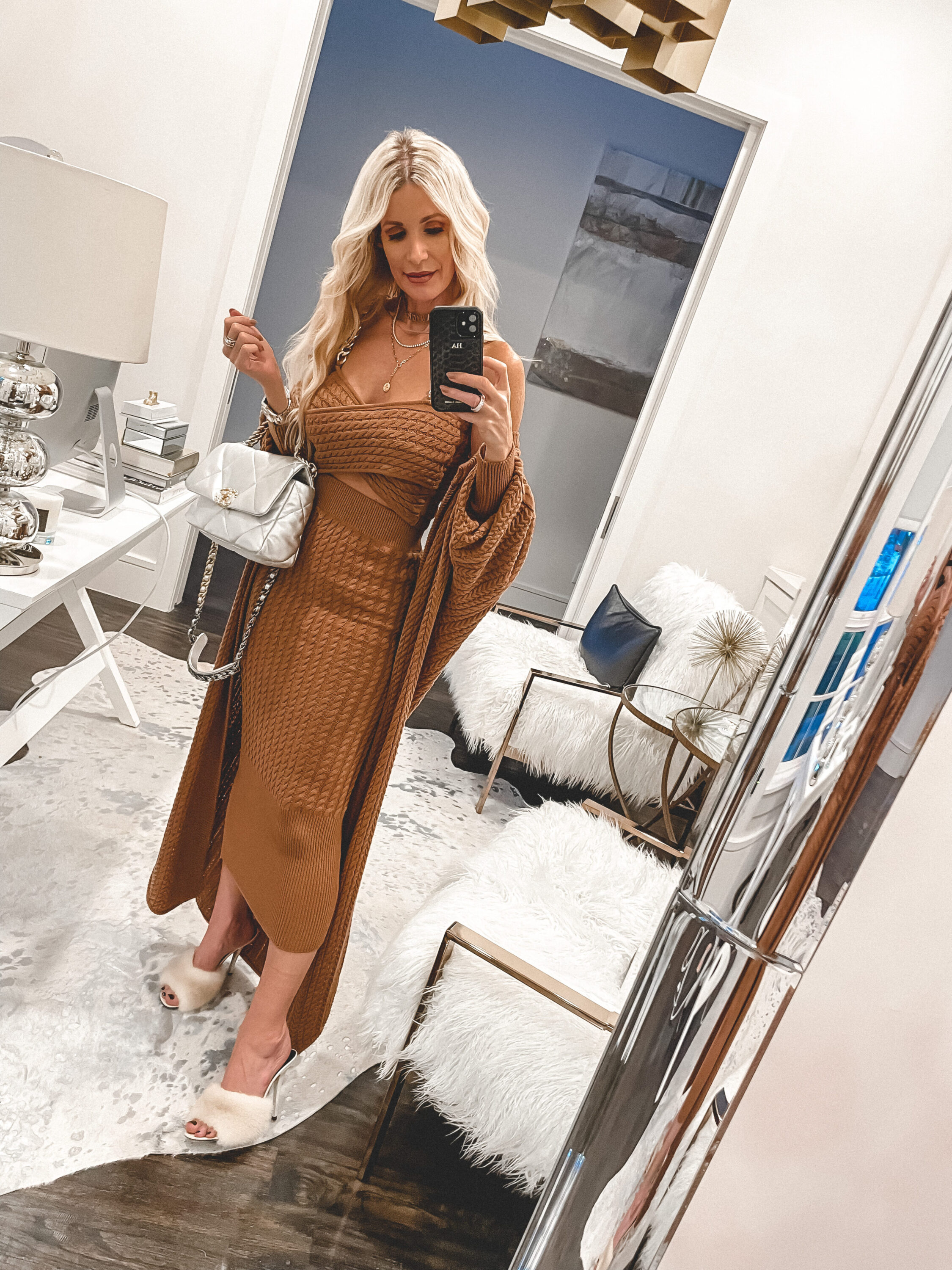 So Heather Blog wearing a camel dress and a camel cardigan