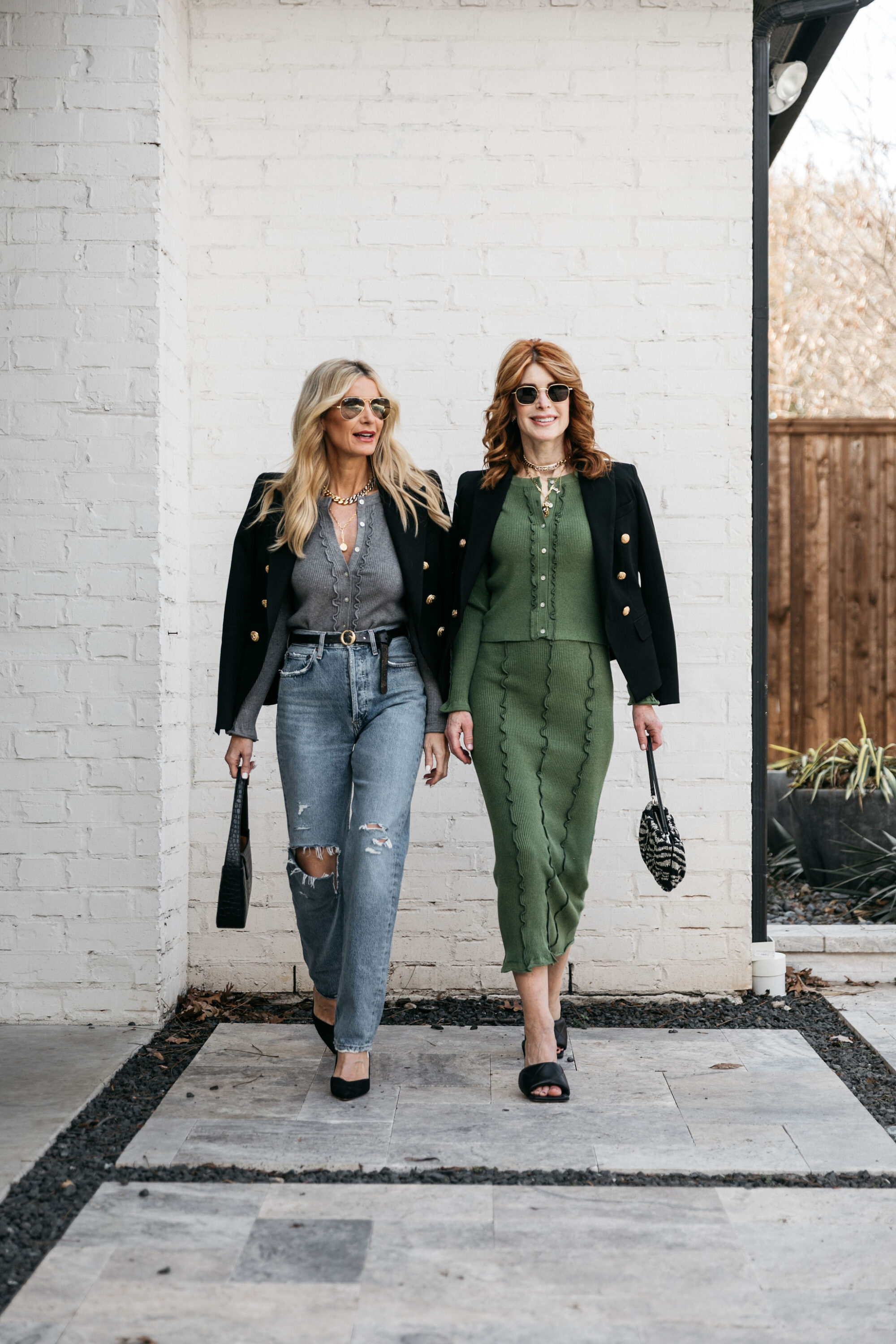 Dallas women over 40 wearing Balmain Blazer and designer dupe