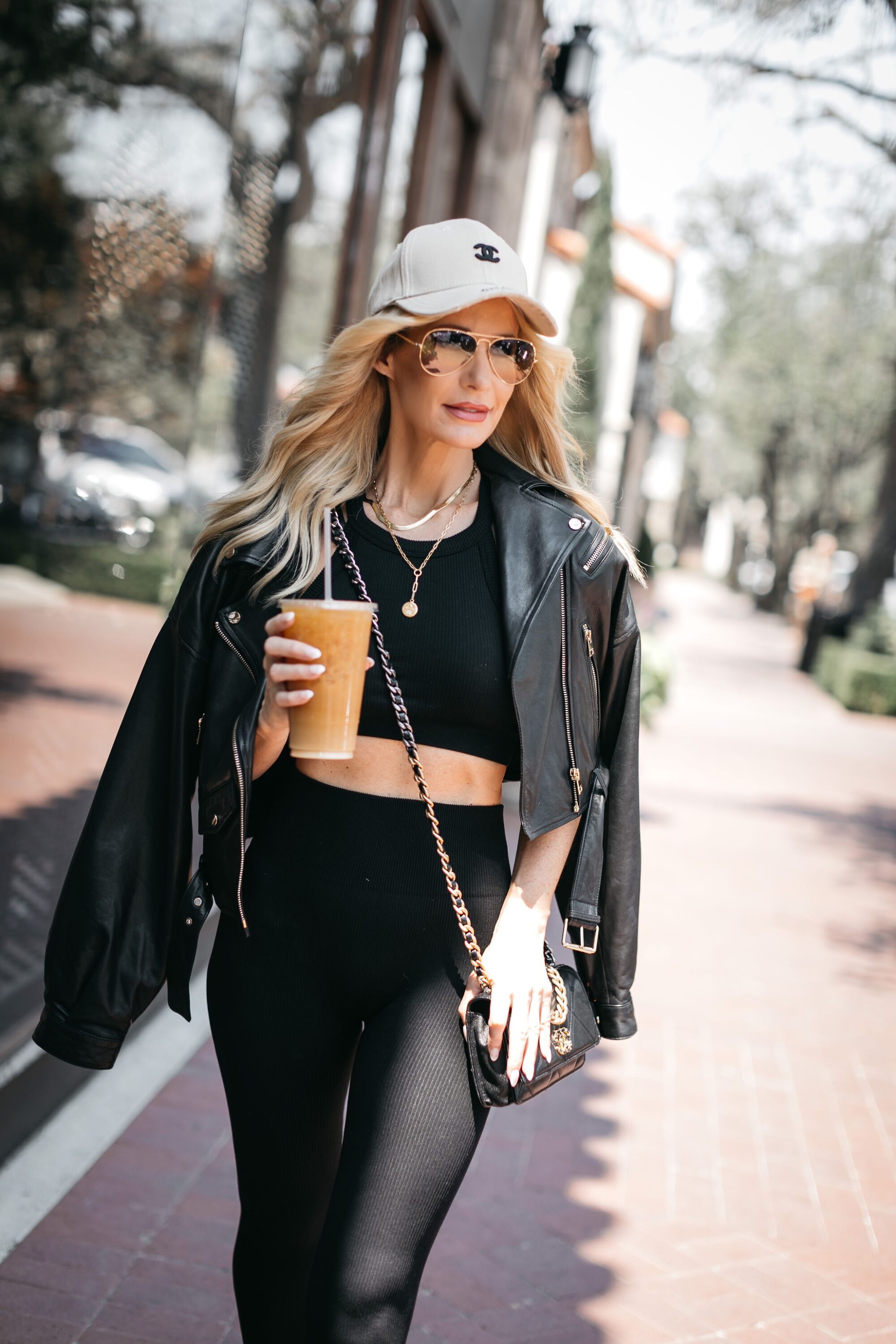 Dallas fashion blogger over 40 wearing lamarque leather jacket over commando active wear part of the Nordstrom Anniversary Sale