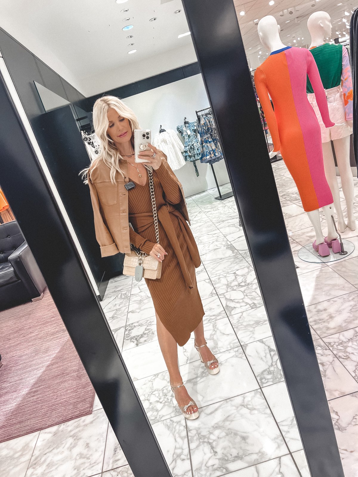 Fashion blogger wearing tan jacket and camel midi dress as one of Nordstrom Anniversary Outfits 2022