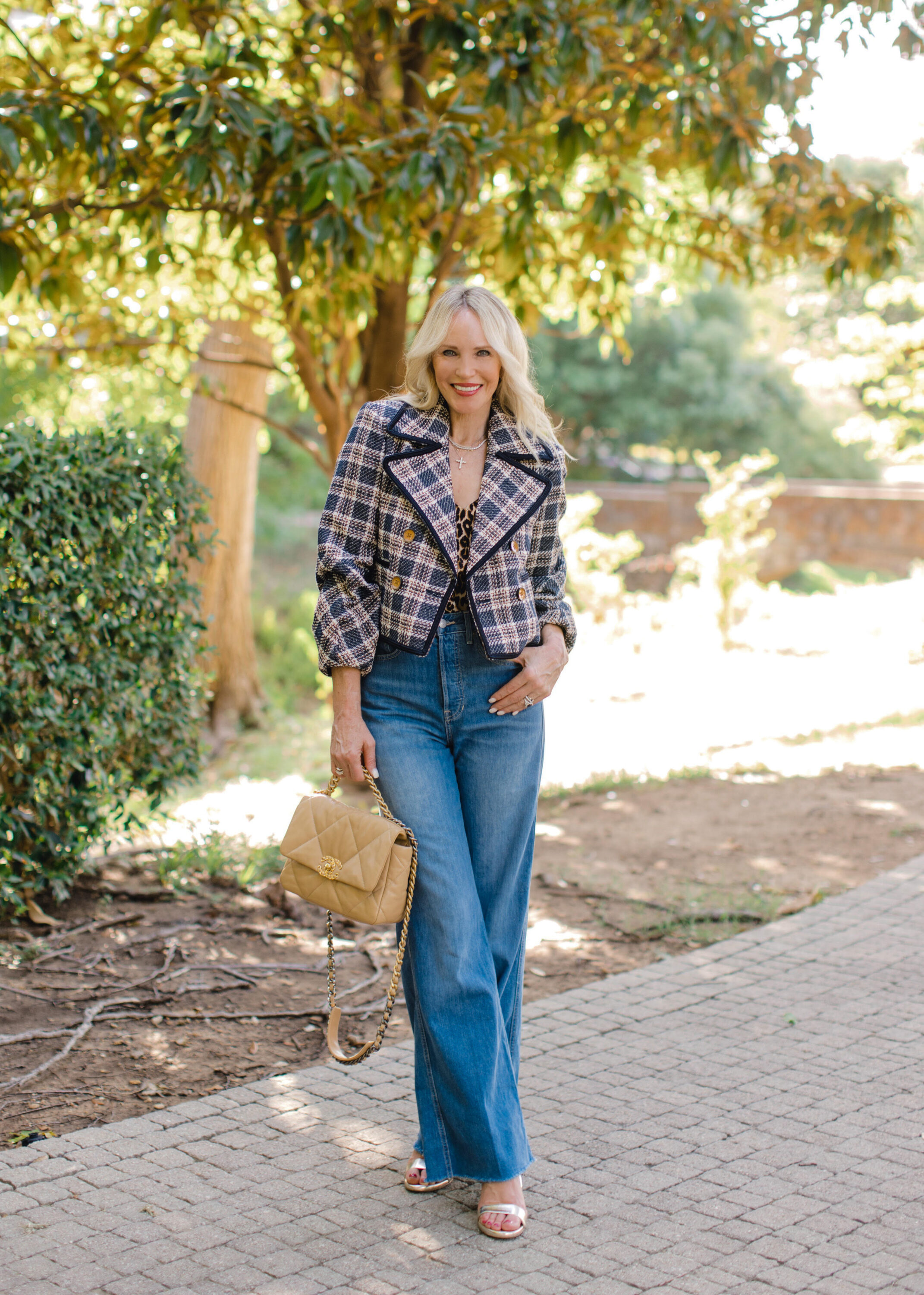 Megan from trulymeganblog wearing best denim for women over 40