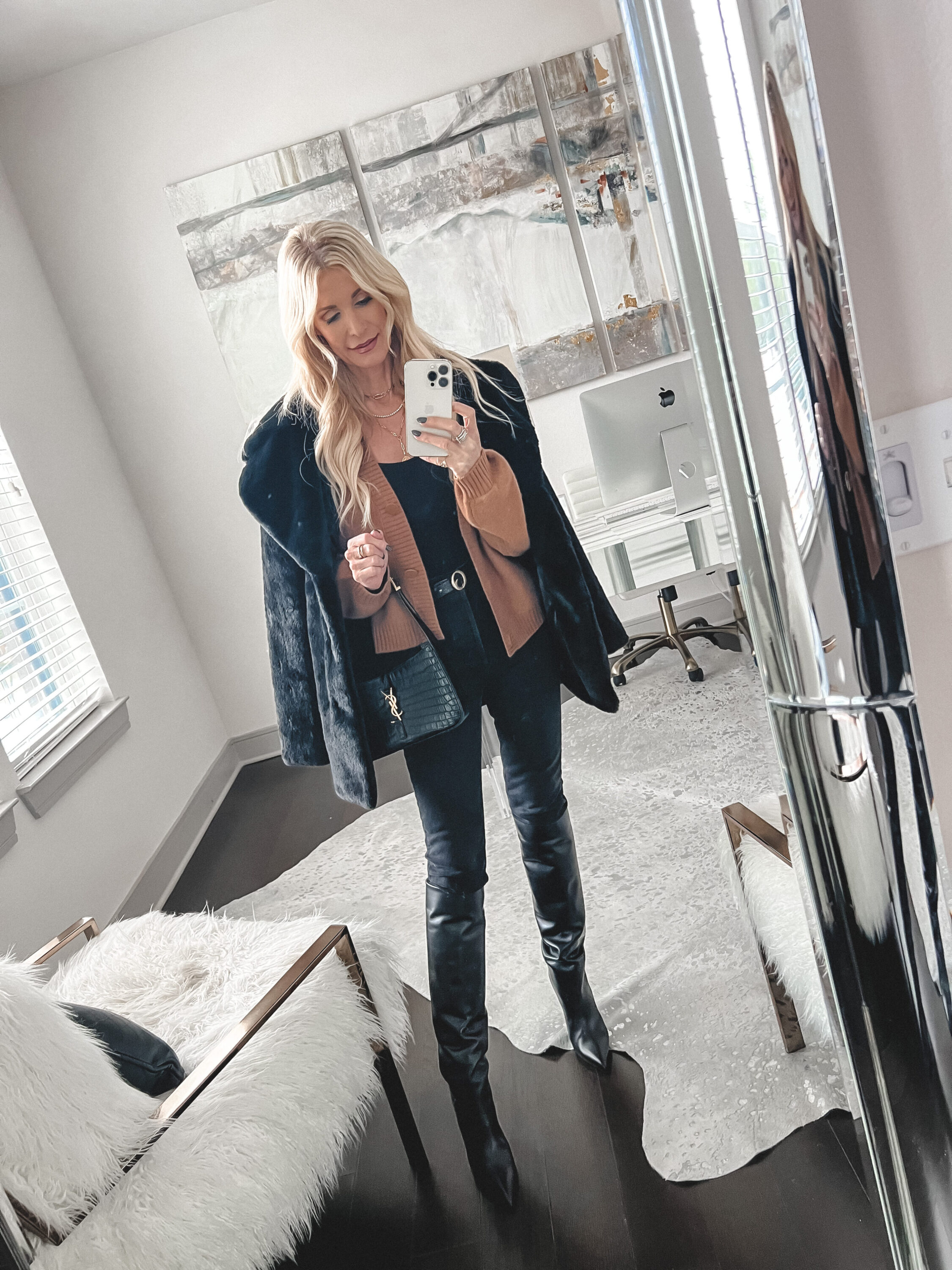 Dallas fashion blogger wearing black faux fur jacket with camel cashmere cardigan as one of the best black Friday sales of 2022.