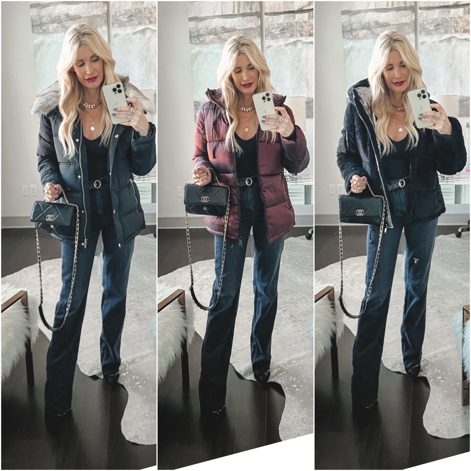 Over 40 fashion blogger showcasing 3 of 4 incredible winter coats on sale in a winter coat edit.