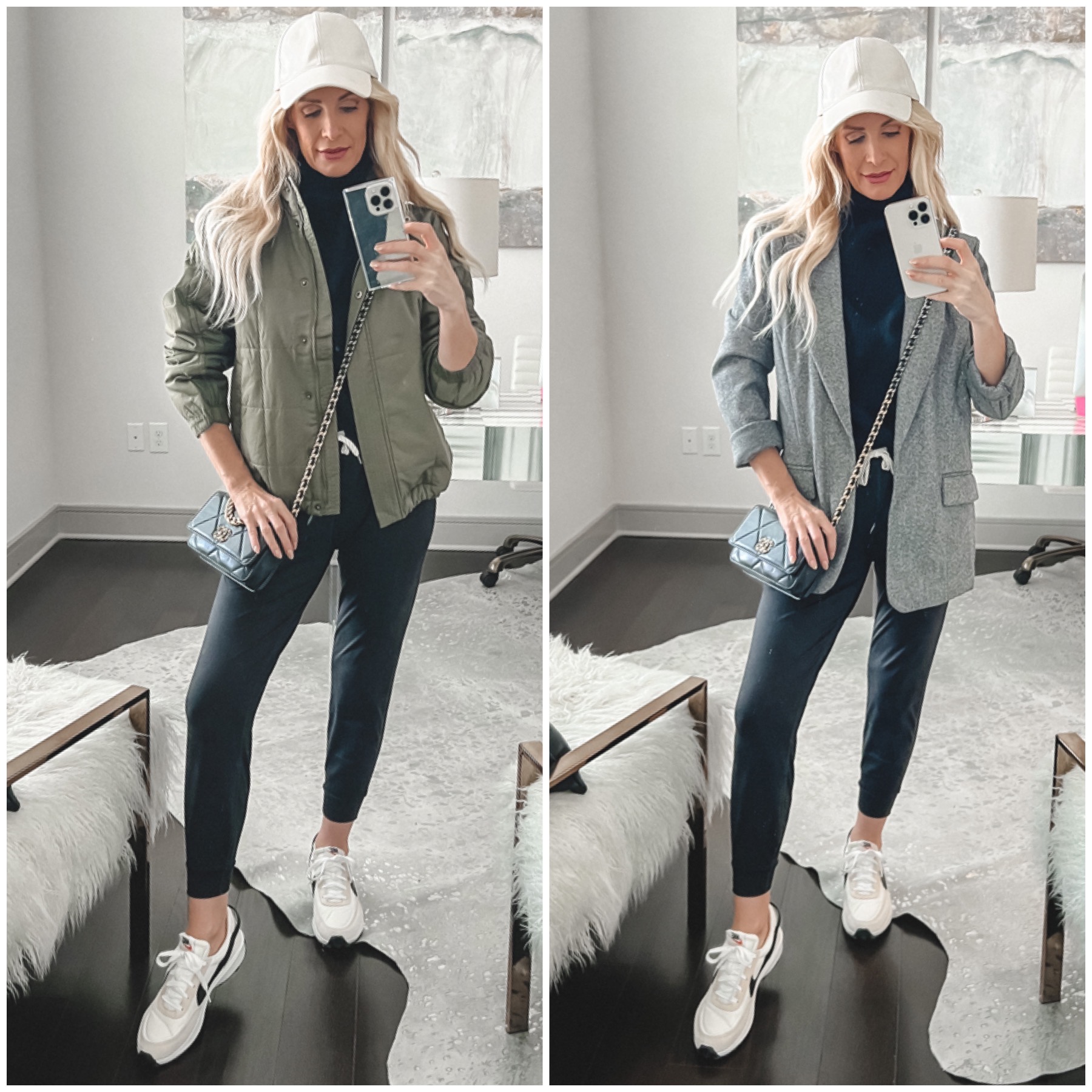 Woman over 40 wearing old school nikes as THE hottest shoe trend of 2023 with joggers and blazers.