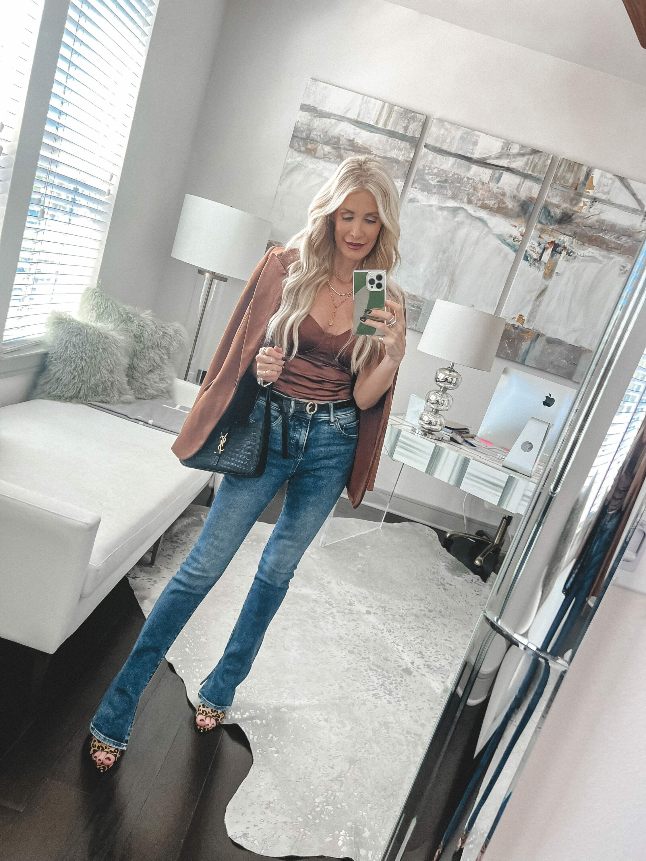 Over 40 fashion blogger wearing the best under $100 jeans styled with a caramel top & blazer.