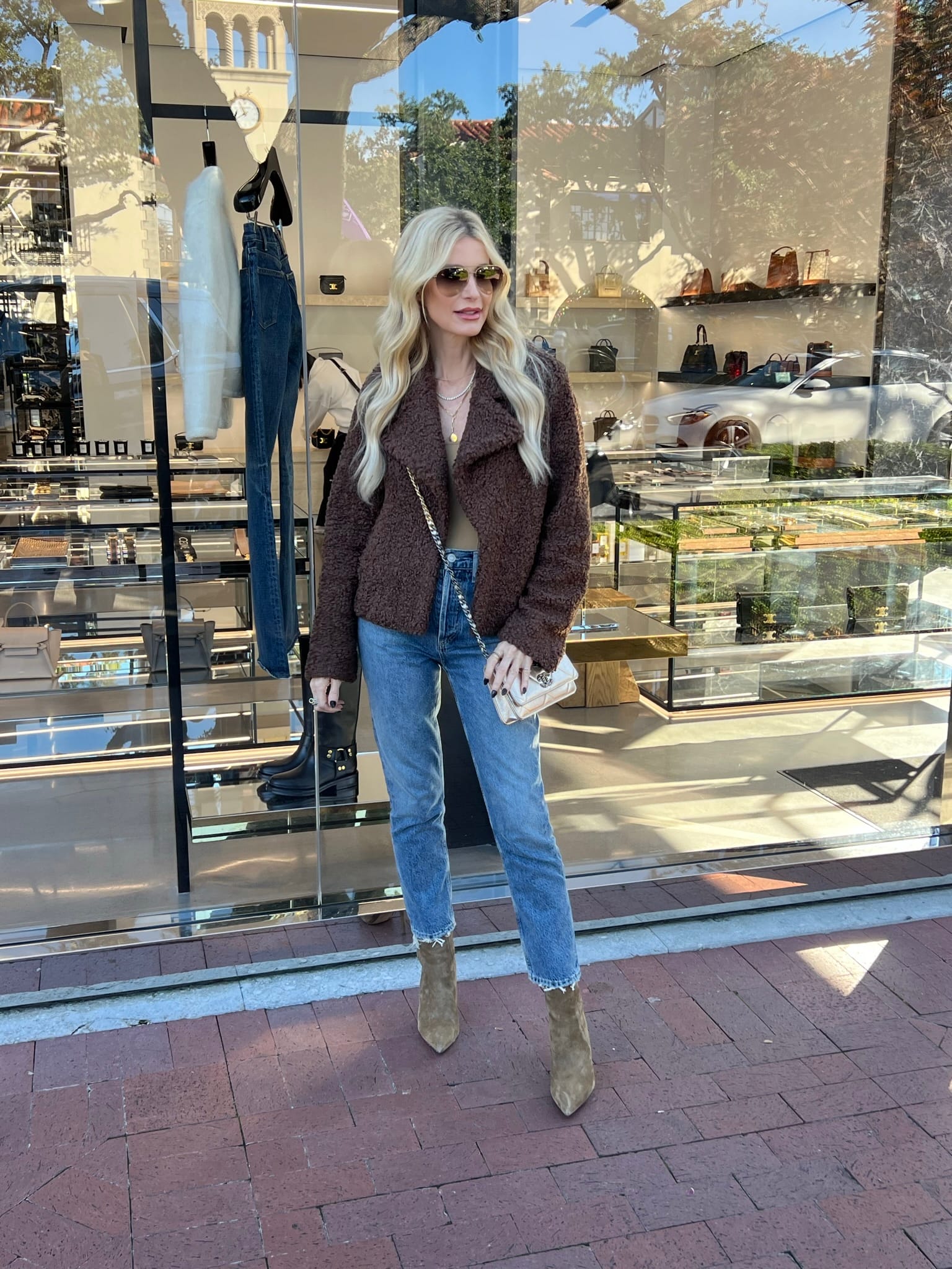 Over 40 fashion blogger from Dallas showcasing how to wear chocolate brown in 4 chic looks.