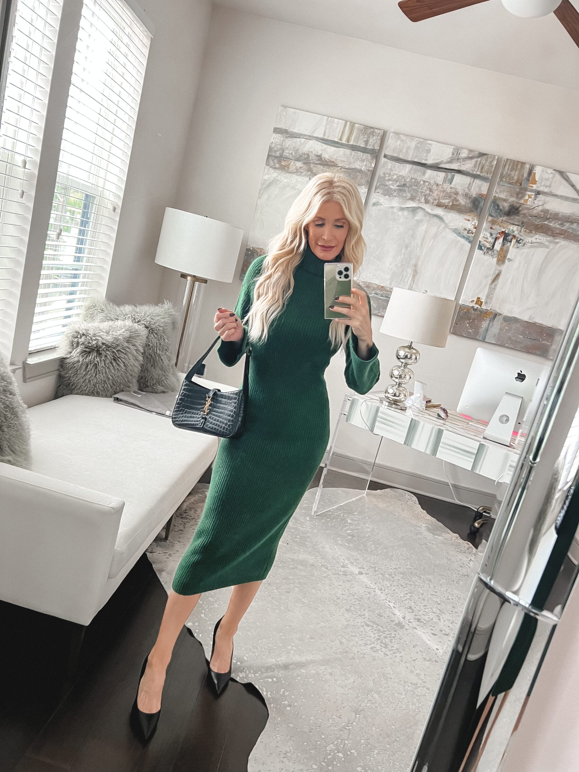 Dallas fashion influencer over 40 wearing a green midi dress with black heels as one of 5 holiday looks for women over 40.