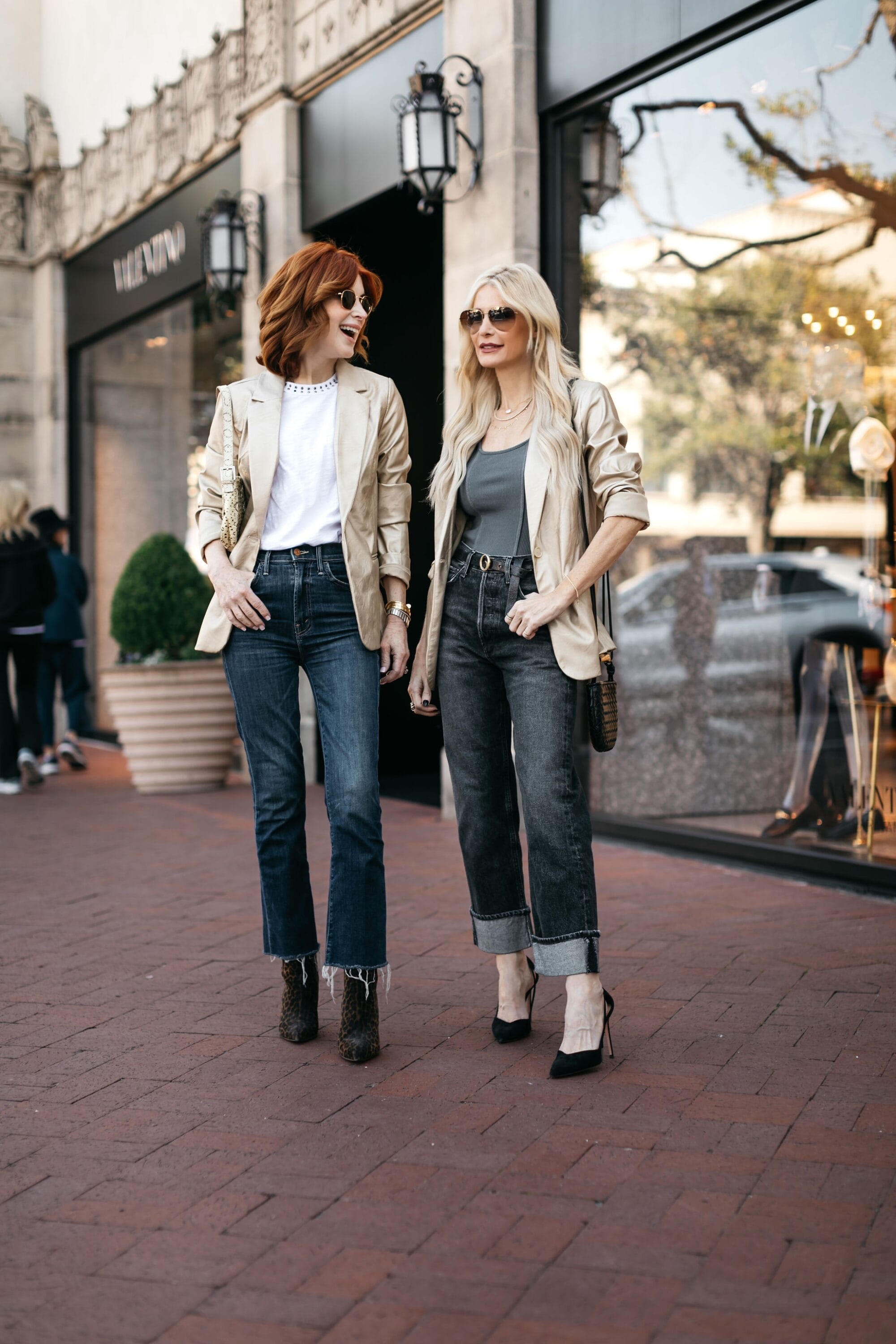 Dallas women over 40 wearing a metallic blazer as one of 5 under $100 jackets.