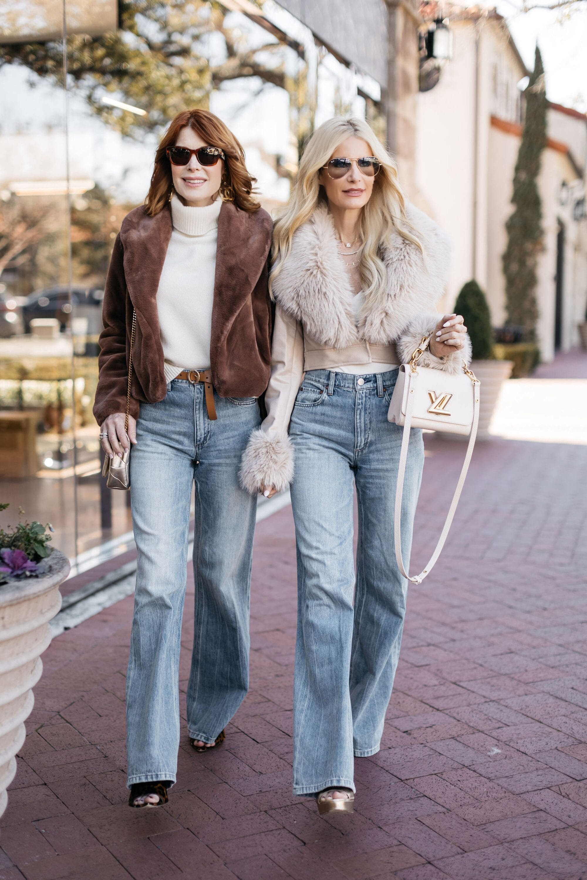 Dallas fashion bloggers for women over 40 showcasing 3 example of how to style wide-leg jeans.