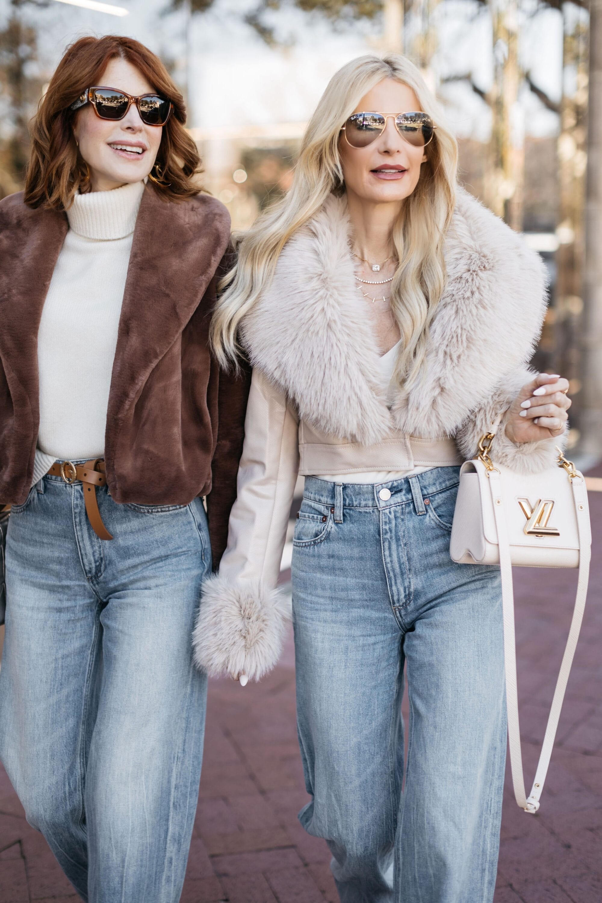 Over 40 fashionistas showcasing how to style wide-leg jeans in 2 chic looks featuring faux fur jacket and gold and animal print accessories.