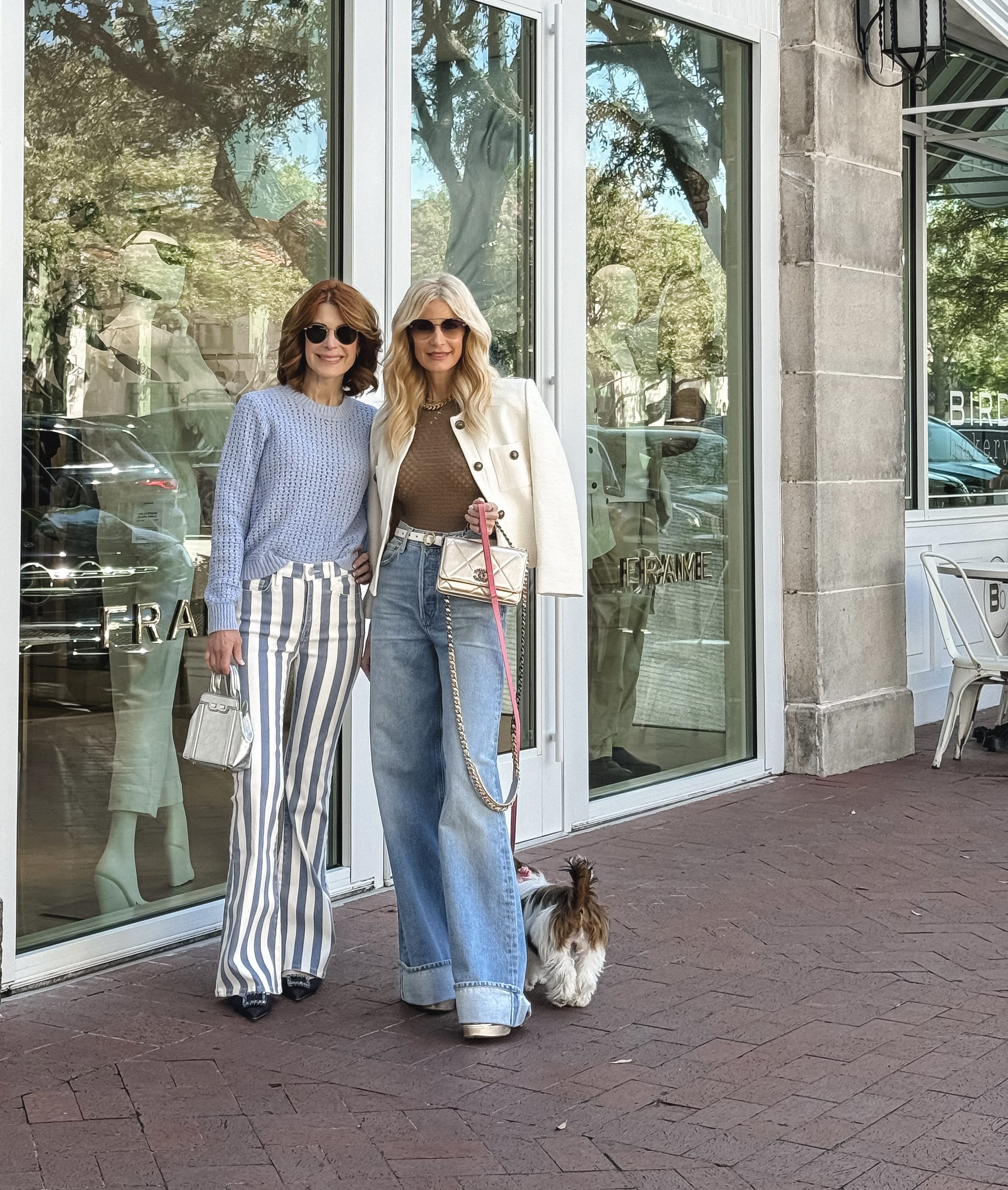 2 over 40 fashion bloggers from Dallas Texas wearing frame jeans, one wearing a pair of frame cuffed denim with a white tweed jacket as one of 3 options for how to style cuffed denim.
