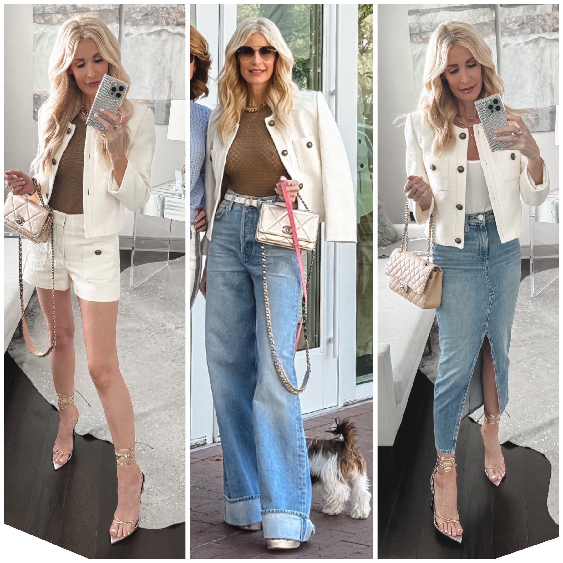 Over 40 fashion blogger from Dallas showcasing the most amazing Chanel inspired jacket styled 3 chic ways.