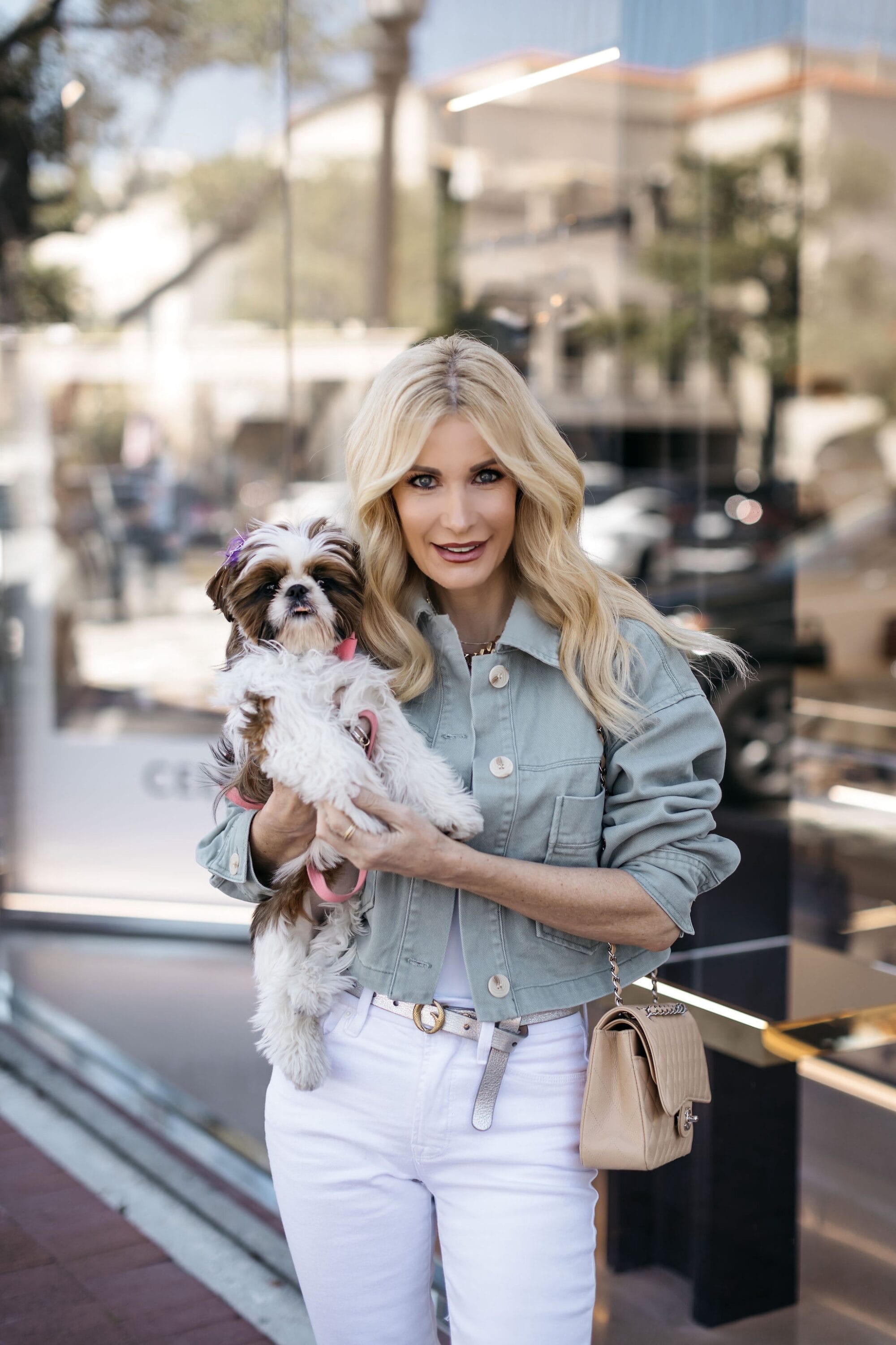 Dallas fashion influencer introducing her new little shih-tzu, Dolce.