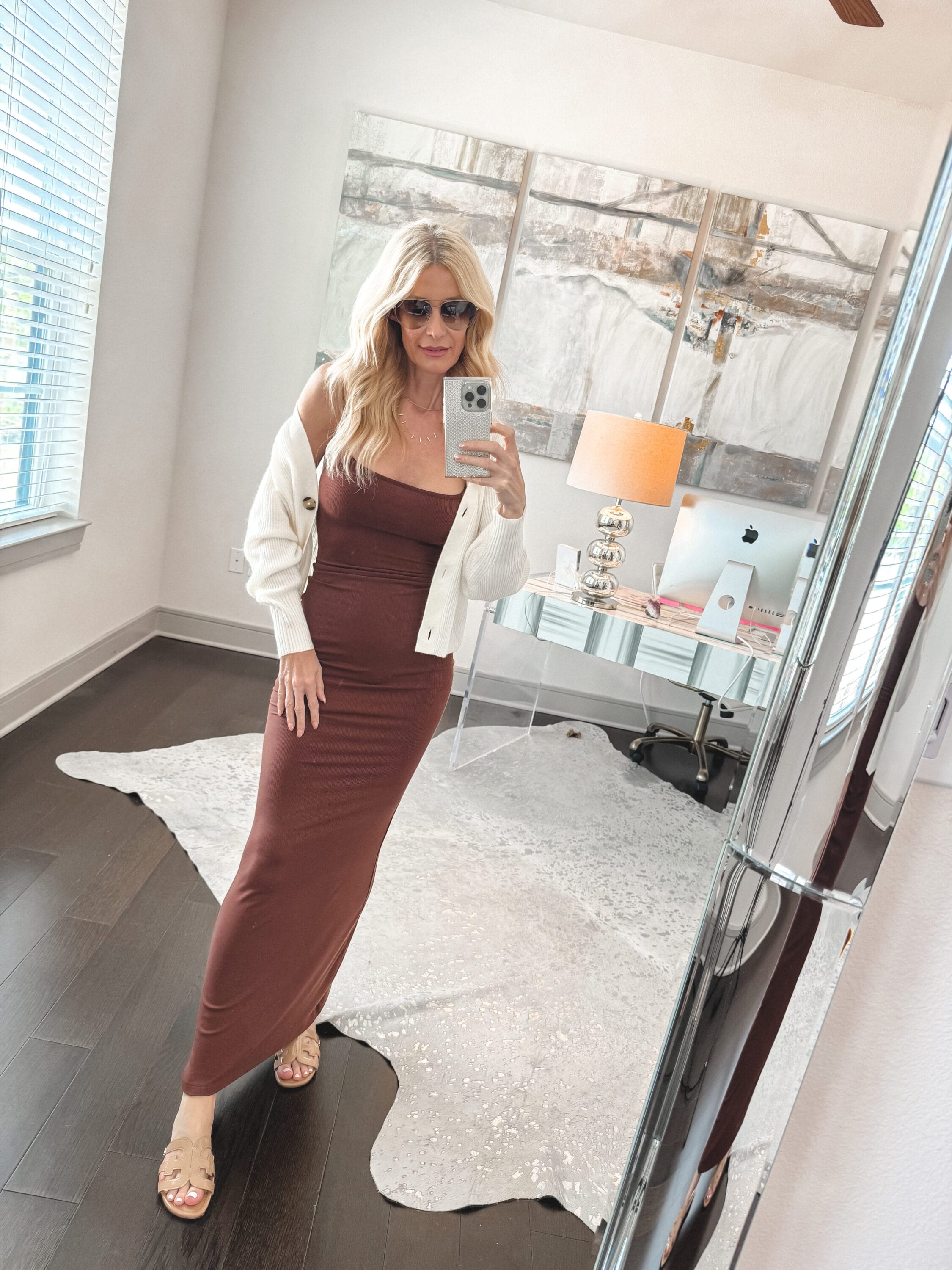 Dallas woman over 40 wearing an rib knit maxi dress with a affordable cashmere cardigan from Quince.