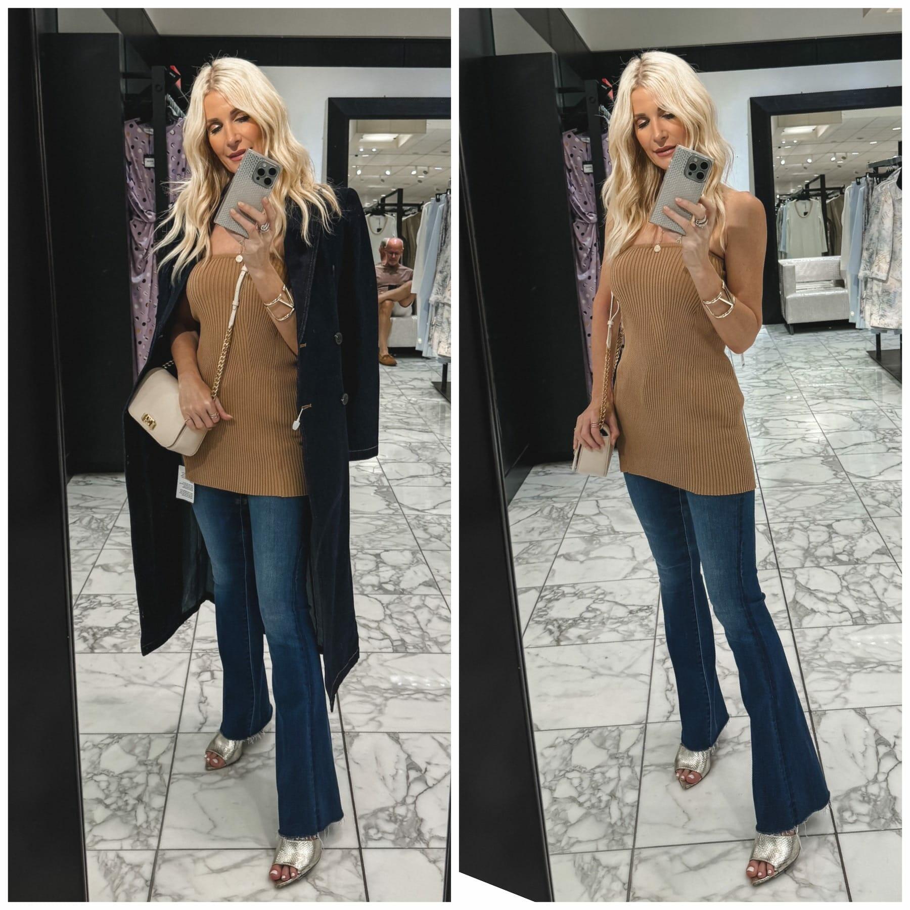Over 40 Dallas Fashion blogger wearing a pair of Mother baby flare jeans and a denim trench coat.