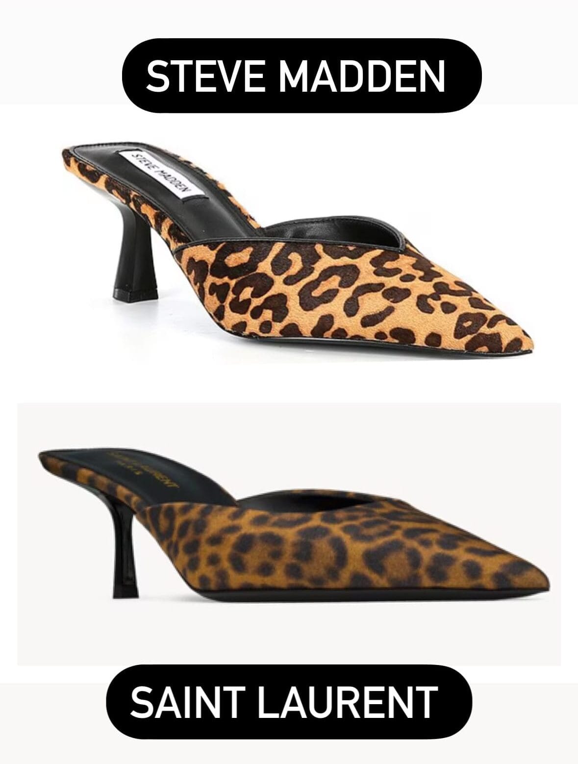 Steve Madden leopard mules compared to YSL leopard mules as one of 5 steal vs. splurge fashion finds.