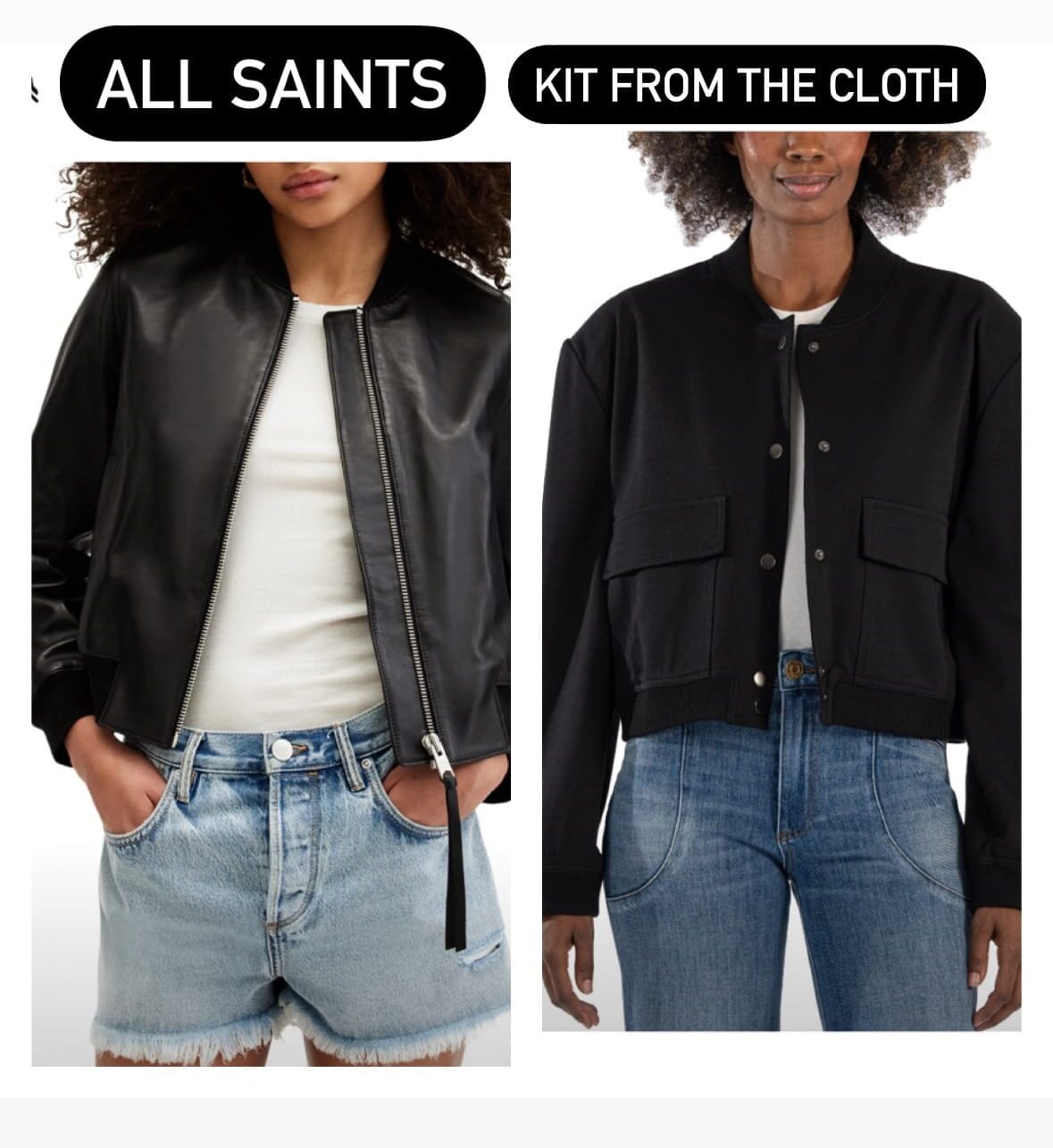 All saints cropped faux leather bomber vs a similar cotton option from Kut from the Kloth as the last of 5 steal vs. splurge fashion finds.