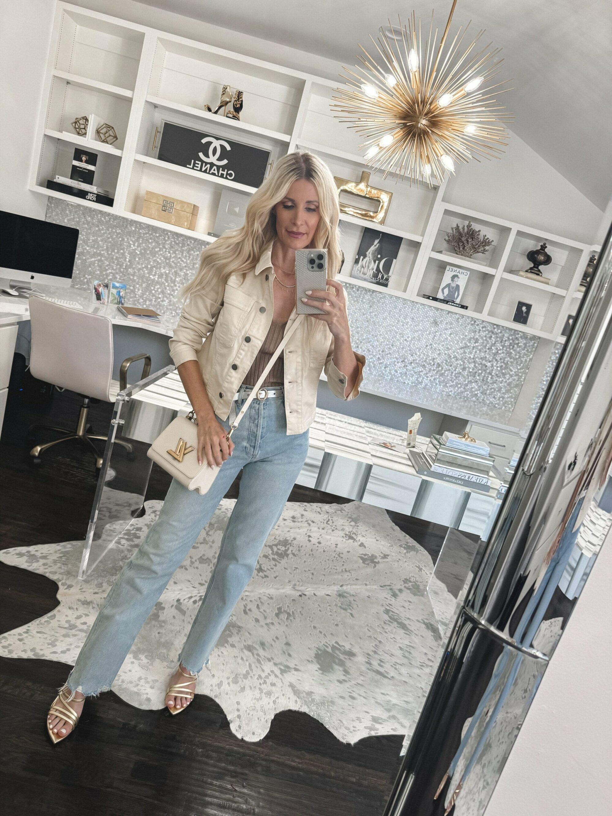 Over 40 Dallas fashion blogger wearing an ivory denim jacket as one of 2024's top 10 best sellers.