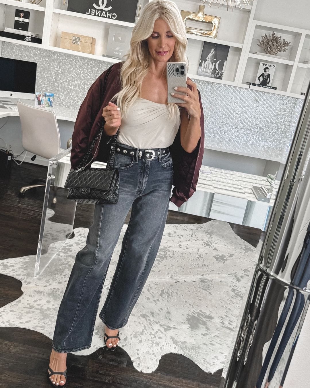 Dallas fashion blogger for women over 40 showcasing 5 fabulous fall looks on sale, including a burgundy bomber jacket and barrel jeans.